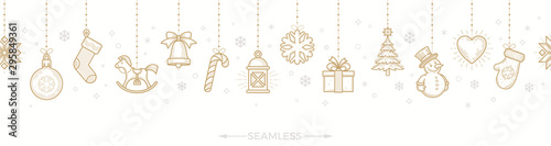 Christmas greeting design. Horizontal seamless pattern with holiday signs and symbols hanging on white background, Vector illustration.