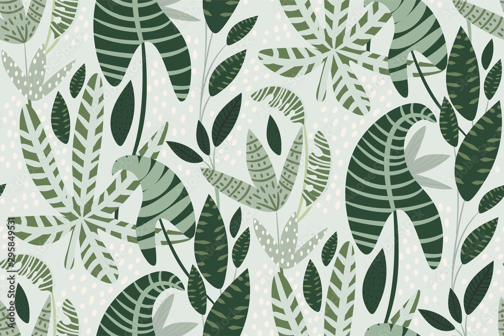 Foto auf Acrylglas mit Tropische Blätter auf hellem Hintergrund. Botanische Kulisse mit exotischen Pflanzen. Nahtloses Blumenmuster. Modischer Druck in Pastellfarben. Hintergrund. Hand-Vektor-Illustration. Modernes Design. #295849531