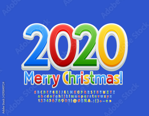 Vector bright Greeting Card Merry Christmas 2020! Stylish Kids Font. Creative Alphabet Letters and Numbers. 