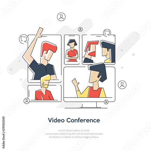 Video Meeting Online Vector. Woman And Chat. Ceo And Employees. Business Meeting, Consultation, Conference Office, Seminar, Online Training Concept. Flat Cartoon Isolated Illustration