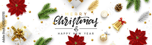 Christmas banner. Background Xmas objects viewed from above, realistic decorative design elements. Text Merry Christmas and happy New Year. Horizontal poster, website header, flat top view.