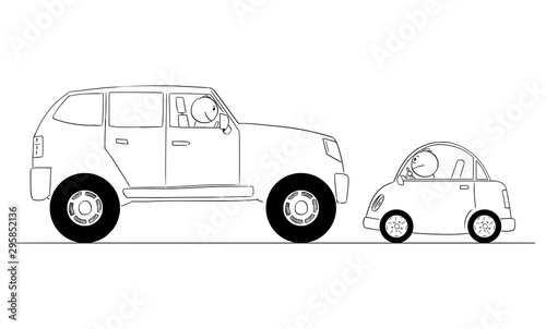 Vector cartoon stick figure drawing conceptual illustration of comparison of big and small car or expensive and cheap vehicles or rich and poor drivers.