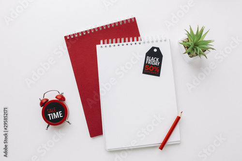 Black friday notepads mock-up with clock