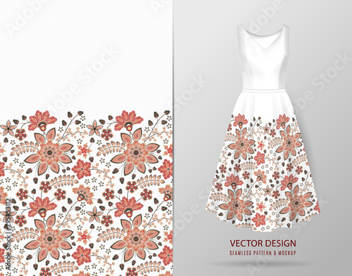 Seamless vector fashion background. Women's long dress mock up with bright seamless hand drawn pattern for textile, paper print. Isolated white dress with floral pattern.