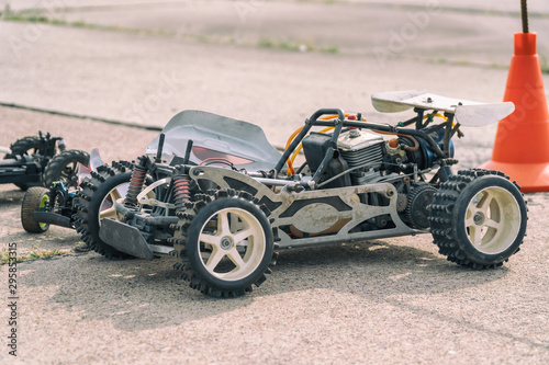 Disassembled RC model racing cars. Model cars without top © pro2audio