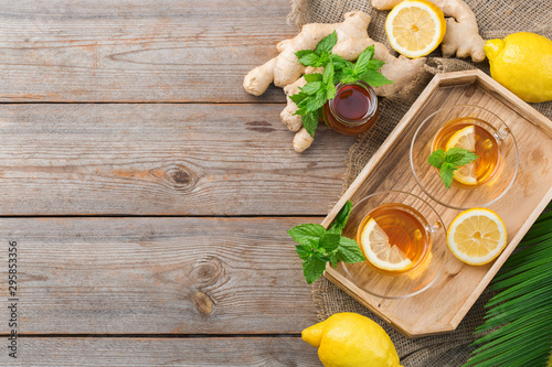 Ginger tea with lemon, mint and honey for flu cold
