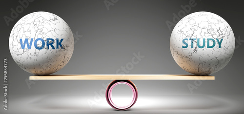 Work and study in balance - pictured as balanced balls on scale that symbolize harmony and equity between Work and study that is good and beneficial., 3d illustration