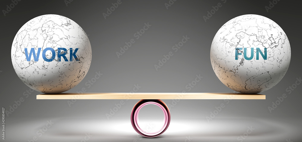 Work and fun in balance - pictured as balanced balls on scale that symbolize harmony and equity between Work and fun that is good and beneficial., 3d illustration