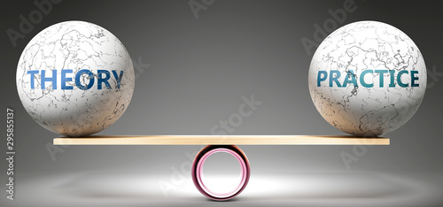 Theory and practice in balance - pictured as balanced balls on scale that symbolize harmony and equity between Theory and practice that is good and beneficial., 3d illustration