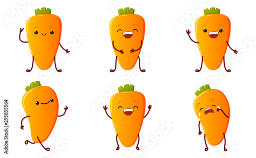 Set cute carrot characters. Kawaii vegetable vector characters isolated on white background