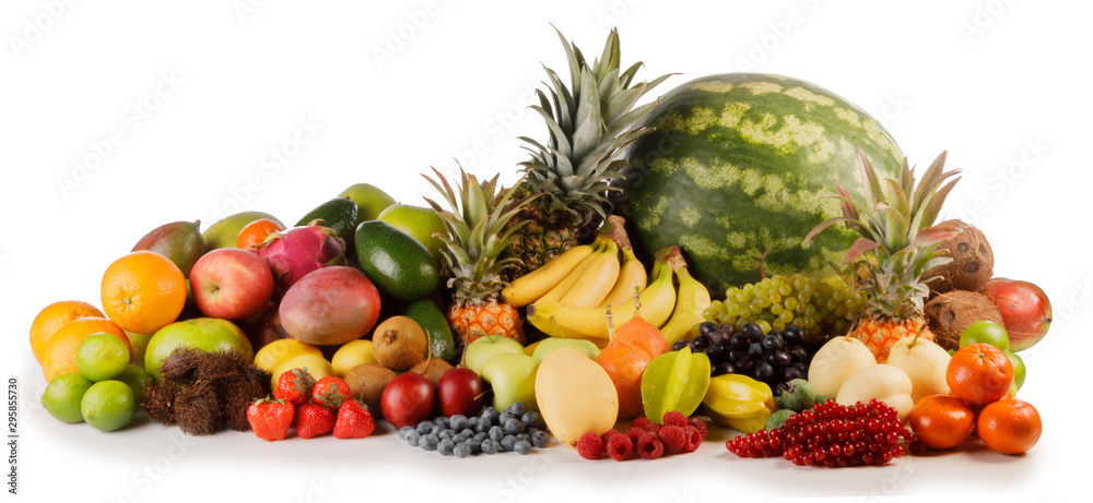 Fresh fruits pile on white