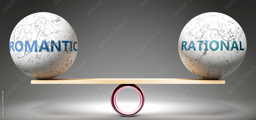 Romantic and rational in balance - pictured as balanced balls on scale that symbolize harmony and equity between Romantic and rational that is good and beneficial., 3d illustration