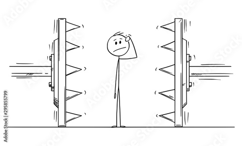 Vector cartoon stick figure drawing conceptual illustration of man or businessman trapped or under pressure.