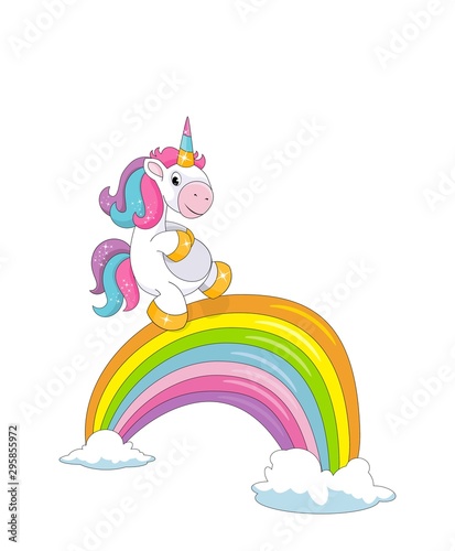 Cute little smiling unicorn, clouds and a rainbow bridge isolated on white