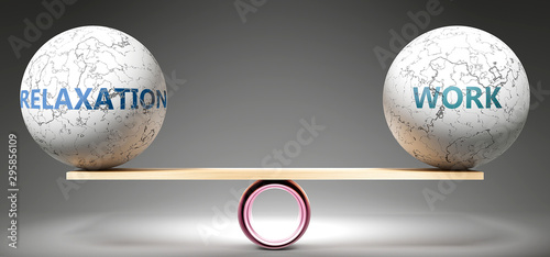 Relaxation and work in balance - pictured as balanced balls on scale that symbolize harmony and equity between Relaxation and work that is good and beneficial., 3d illustration