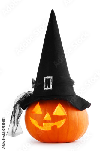 Halloween pumpkin with witches hat