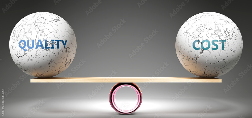 Quality and cost in balance - pictured as balanced balls on scale that symbolize harmony and equity between Quality and cost that is good and beneficial., 3d illustration - obrazy, fototapety, plakaty 