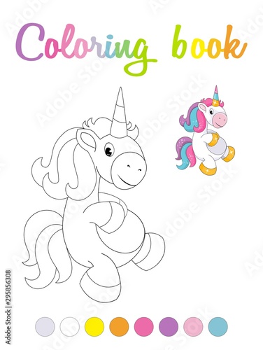 Cute cartoon smiling unicorn coloring book page