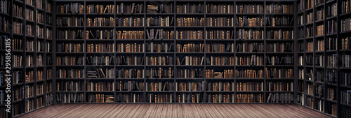Fototapeta Bookshelves in the library with old books 3d render 3d illustration