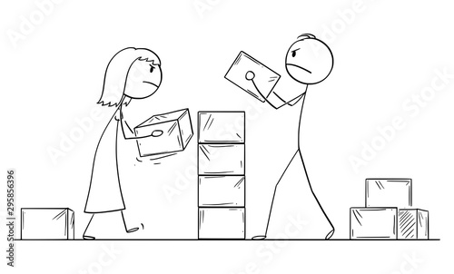 Vector cartoon stick figure drawing conceptual illustration of couple of man and woman building wall between them. Concept of relationship and divorce.