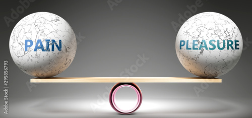 Pain and pleasure in balance - pictured as balanced balls on scale that symbolize harmony and equity between Pain and pleasure that is good and beneficial., 3d illustration