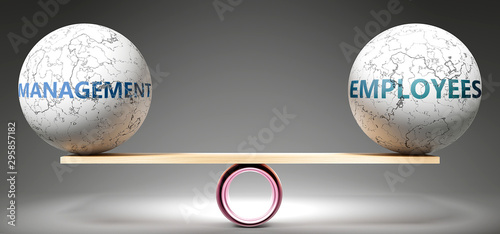 Management and employees in balance - pictured as balanced balls on scale that symbolize harmony and equity between Management and employees that is good and beneficial., 3d illustration