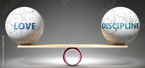 Love and discipline in balance - pictured as balanced balls on scale that symbolize harmony and equity between Love and discipline that is good and beneficial., 3d illustration