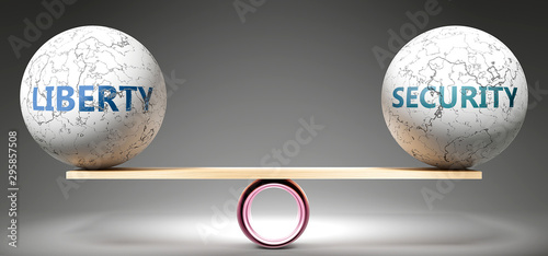 Liberty and security in balance - pictured as balanced balls on scale that symbolize harmony and equity between Liberty and security that is good and beneficial., 3d illustration