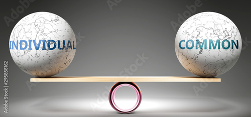 Individual and common in balance - pictured as balanced balls on scale that symbolize harmony and equity between Individual and common that is good and beneficial., 3d illustration