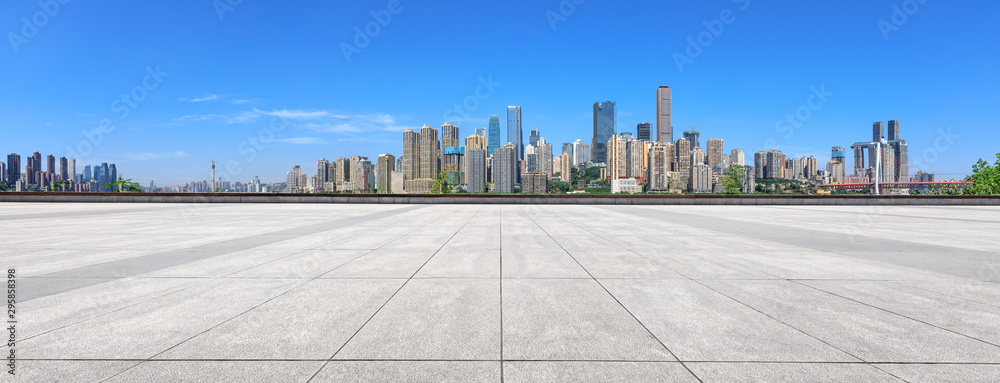 Empty floor and modern city financial district skyline in Chongqing,China.