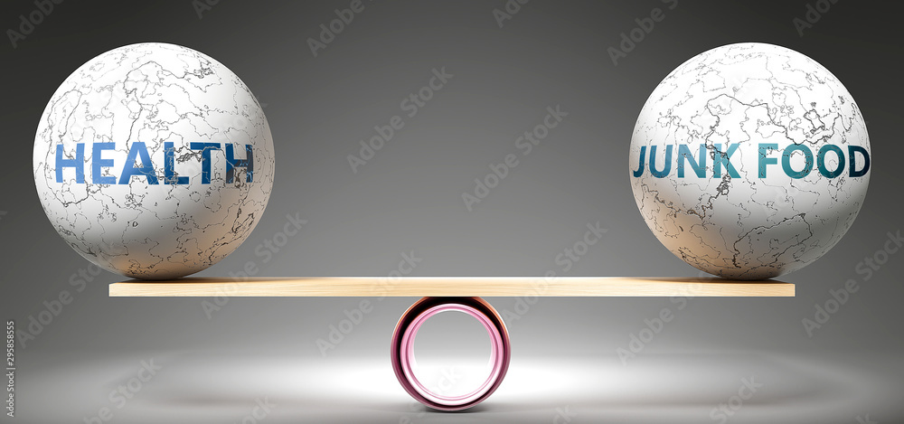 Health and junk food in balance - pictured as balanced balls on scale that symbolize harmony and equity between Health and junk food that is good and beneficial., 3d illustration