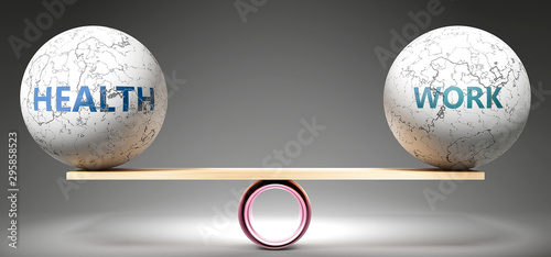 Health and work in balance - pictured as balanced balls on scale that symbolize harmony and equity between Health and work that is good and beneficial., 3d illustration