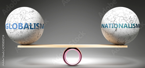 Globalism and nationalism in balance - pictured as balanced balls on scale that symbolize harmony and equity between Globalism and nationalism that is good and beneficial., 3d illustration