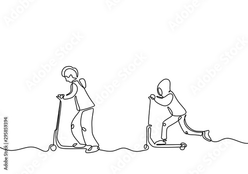 Continuous one line drawing of two kids playing scooter. Friendship and childhood theme of children act of kindness.