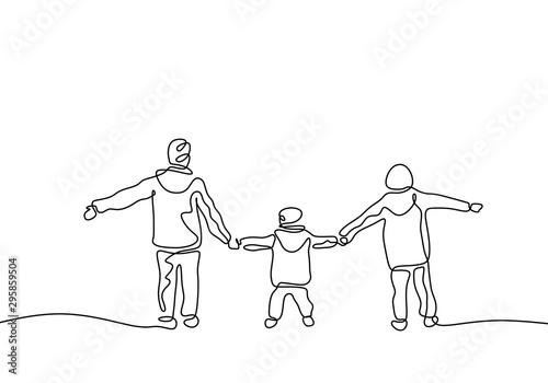 Continuous one line drawing of three kids holding hands and playing. Childhood act of kindness theme. Children concept of brother and sister member of family.