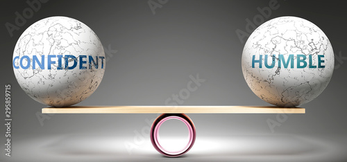Confident and humble in balance - pictured as balanced balls on scale that symbolize harmony and equity between Confident and humble that is good and beneficial., 3d illustration photo
