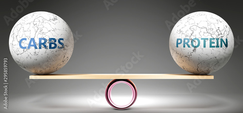Carbs and protein in balance - pictured as balanced balls on scale that symbolize harmony and equity between Carbs and protein that is good and beneficial., 3d illustration