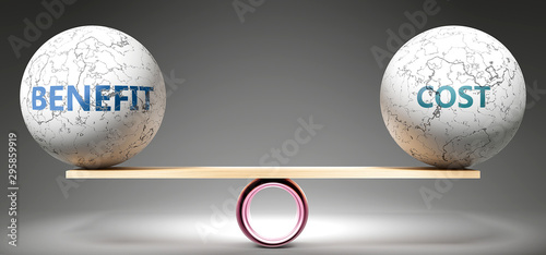 Benefit and cost in balance - pictured as balanced balls on scale that symbolize harmony and equity between Benefit and cost that is good and beneficial., 3d illustration photo