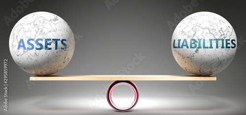 Assets and liabilities in balance - pictured as balanced balls on scale that symbolize harmony and equity between Assets and liabilities that is good and beneficial., 3d illustration photo