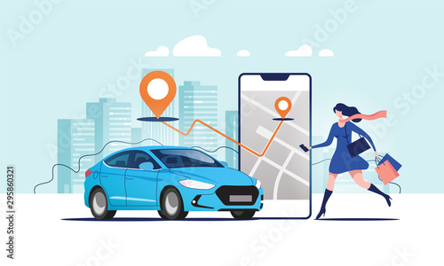 Online ordering taxi car, rent and sharing using service mobile application. Woman near smartphone screen with route and points location on a city map on the car and urban landscape background.