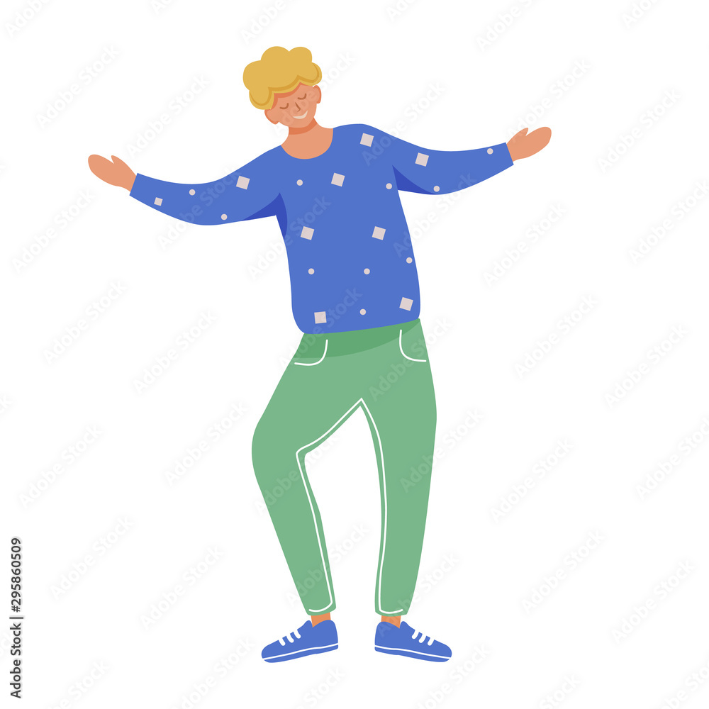Cheerful young man flat vector illustration. Smiling guy with joyful welcome gesture. Holiday celebration. Adolescent full body caucasian dancer isolated cartoon character on white background Cheerful young man flat vector illustration. Smiling guy with joyful welcome gesture. Holiday celebration. Adolescent full body caucasian dancer isolated cartoon character on white background