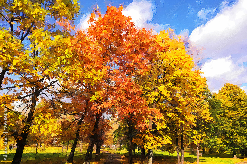 Oil painting of autumn trees maples in the park. Oil painting of autumn trees maples in the park.