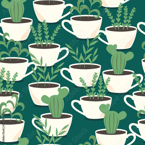 Plants in cups, hand drawn overlapping background. Decorative wallpaper, good for printing. Colorful seamless pattern with houseplants. Illustration vector, house plants in pots