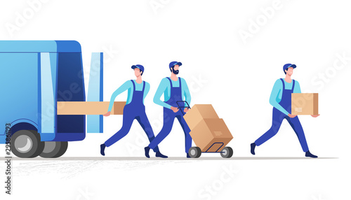 Delivery service and logistics. Movers unloading cardboard boxes from van. Vector illustration.