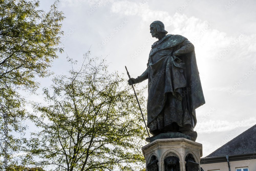 Fototapeta premium Trier, Germany. The Baldwin Fountain (Balduinbrunnen), a monument dedicated to Balduin von Luxemburg, Archbishop-Elector of Trier