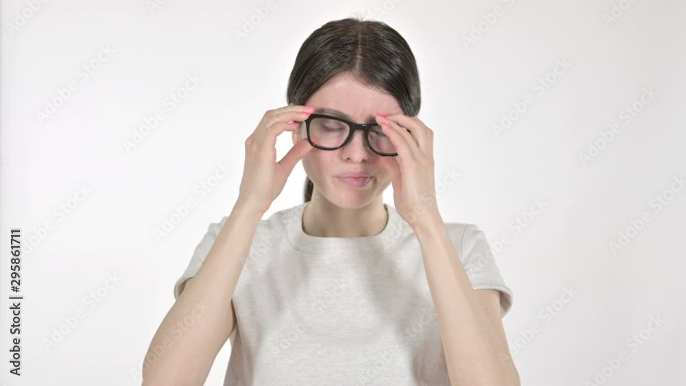 Tired Young Woman having Headache on White Background Tired Young Woman having Headache on White Background
