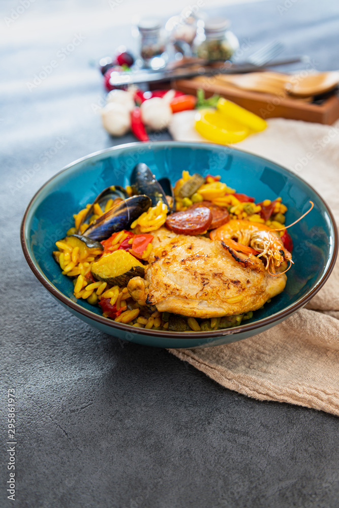 Prawn with rice - closeup of prawn with rice - traditionnal spanish food paella. Prawn with rice - closeup of prawn with rice - traditionnal spanish food paella.
