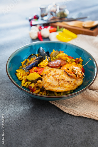 Prawn with rice - closeup of prawn with rice - traditionnal spanish food paella.