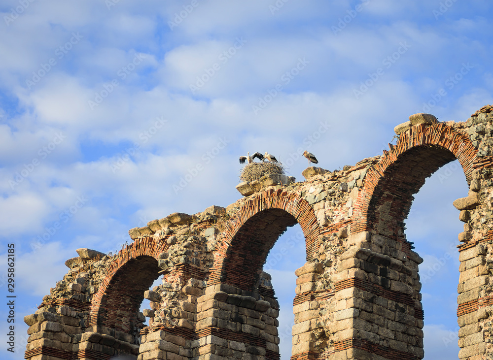 Stork nest in the Roman aqueduct of Los Milagros, in Merida (Spain) Stork nest in the Roman aqueduct of Los Milagros, in Merida (Spain)