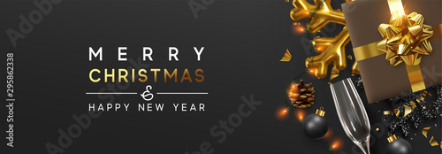 Christmas banner. Background Xmas design of sparkling lights garland, with realistic gifts box, black snowflake and glitter gold confetti. Horizontal christmas poster, greeting cards, headers, website